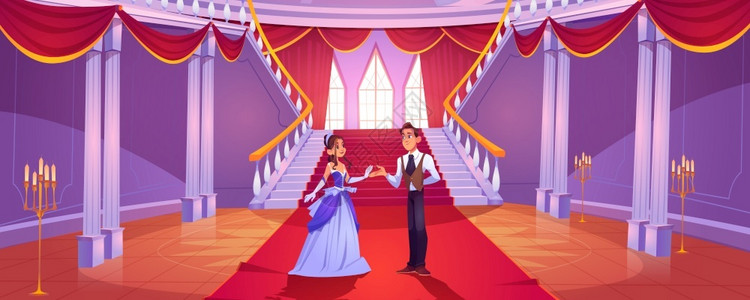 矢量卡通背景在巴洛克宫殿的走廊有夫妇楼梯芭乐经和柱子浪漫的童话插图在皇家城堡大厅有王子和公主插画