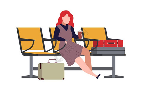 现代女人物坐在椅子上与行李一起等待飞机背景图片