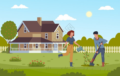 家庭园艺男人用铲子和女孩浇水种植树木矢量卡通插图男性的高清图片素材