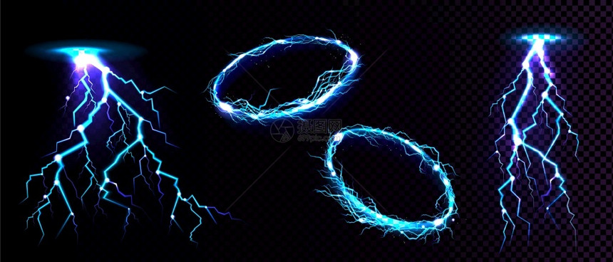 电环和闪打击撞地点等离子环或以黑色背景上隔离的蓝色神奇能量闪光电放现实的3D矢量说明电球和闪打击图片