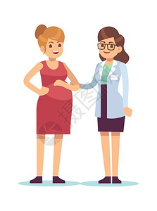 微笑交谈年轻女在医院与生交谈在诊所进行体检妊娠医疗保健概念病媒卡通孤立图解医生和孕妇妊娠医学概念病媒卡通图解插画