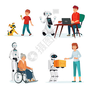 机器人在不同情况下与人互动病媒情报助手和信使宠物狗计算机插图器人与不同情况下的人互动背景图片