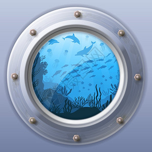 潜水艇窗外的海底世界背景图片