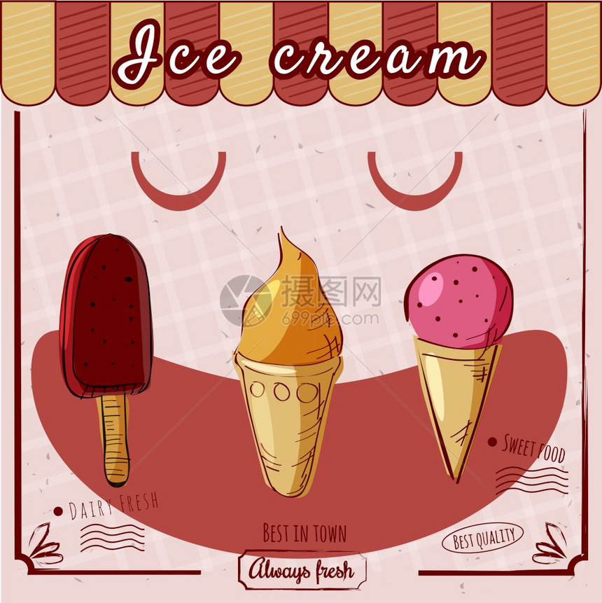 冰淇淋锥体球老式横幅矢量冰淇淋球古董横幅矢量图示图片