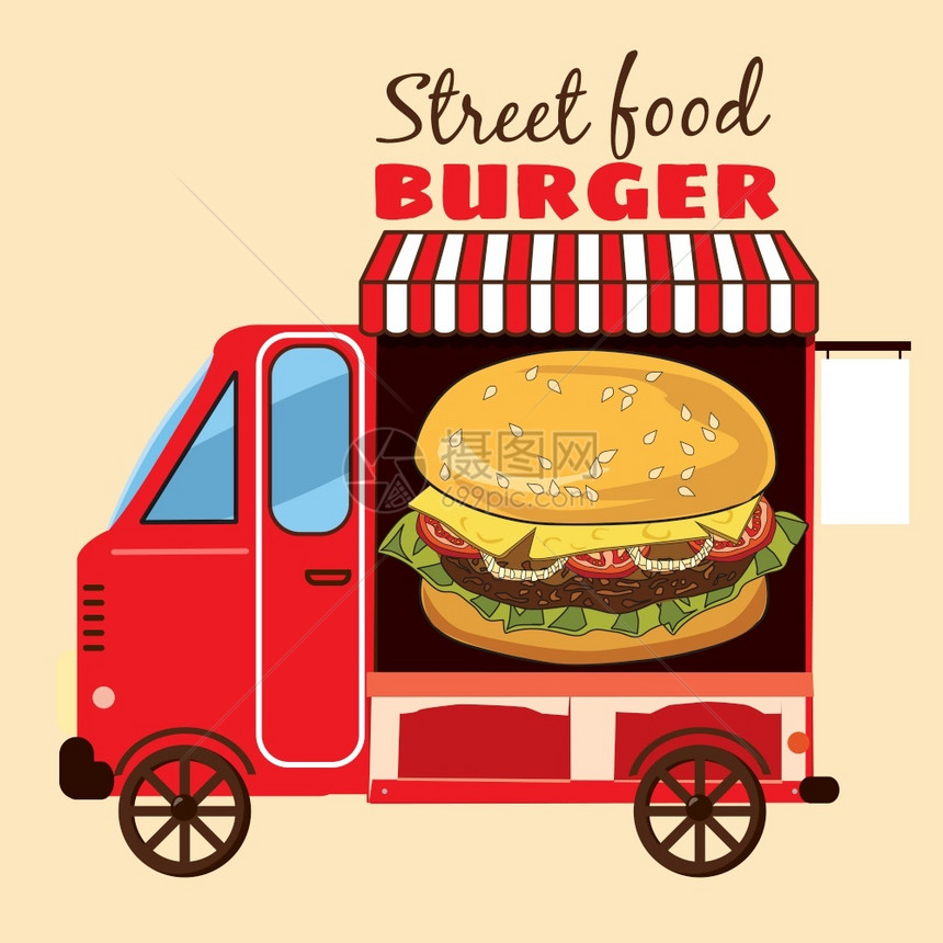 卡通汉堡包配送食品卡车矢量插画图片