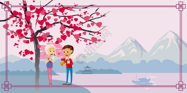 情人节两个角色男孩给女心脏在一棵盛开的心树下爱情人节卡通风格矢量插图图片
