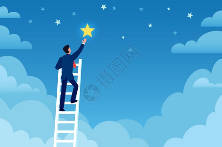 商业成功上阶梯的人到达天空星到目标和梦想职业提升领导力创造平板矢量概念雇员爬上夜空成功的职业上梯子的人到达天空实现目标和梦想职业背景图片