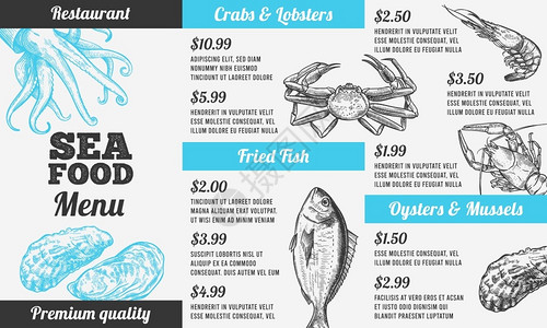 手绘精美鱼类龙虾贝壳菜单背景图片