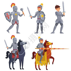 有马温泉持的中世纪骑士马的皇家士马战斗的勇士有盾牌和战斗身着独臂盔甲的英雄身着独角兽式盔甲的英雄童话故事人物矢量插图插画