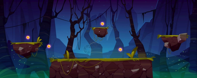 游戏背景夜间丛林矢量背景图片