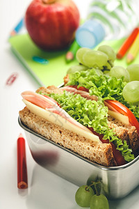 带三明治和水果的午餐盒学校笔记本文具白色背景的文具图片