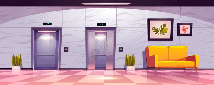 吊板植物装饰办公室或旅馆有客机舱按键板和地面指示器卡通矢量插图插画