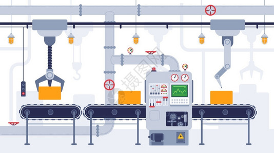 技工工业传送带制造设备产品运输过程高效自动化生产矢量概念自动生产线和装有自动机器的箱式电容器插画