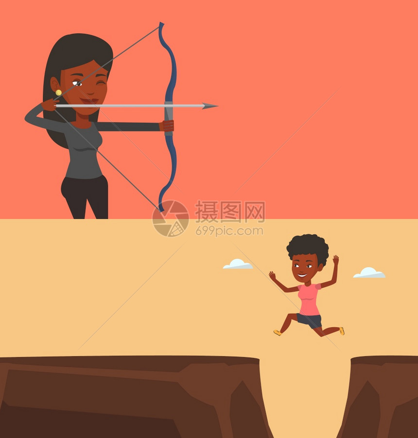 两条运动横幅上面有文字空间矢量平面设计水布局年轻的非洲女运动员在射箭场练习运动女员用弓头训练箭手用弓瞄准两个运动横幅上面有文字空图片