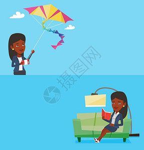 坐在风筝上飞两条带有文字空间的生活方式横幅矢量平面设计水布局微笑的女人坐在沙发上阅读一本书非裔美国人女在家里沙发上用一本书放松背景