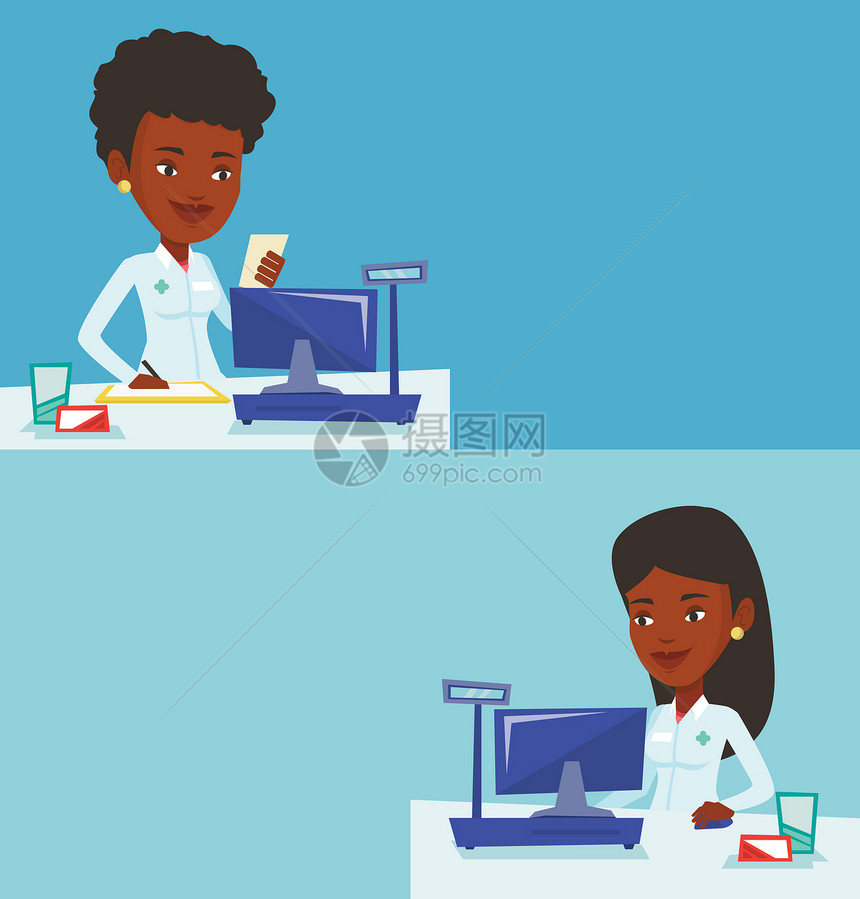 两条带有文本空间的医疗横幅矢量平面设计水布局非洲美药剂师穿着医服站在柜台年轻的药剂师在电脑上工作两个带有文本空间的医疗横幅图片