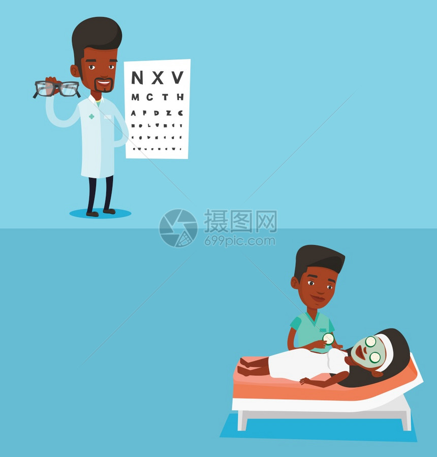 两条带有文字空间的医疗横幅矢量平面设计水布局提供眼镜的科医生非洲美眼科医生在图背景上持有镜两个带文字空间的医疗横幅图片