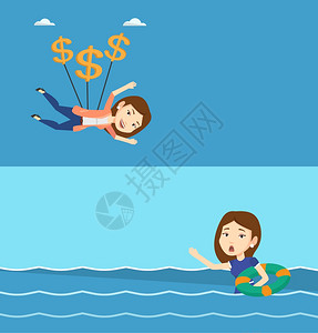 降落伞矢量两条商业横幅上面有文字空间矢量平面设计水布局商业妇女用美元标志飞行商业妇女用美元滑翔在空中妇女用美元作为降落伞背景