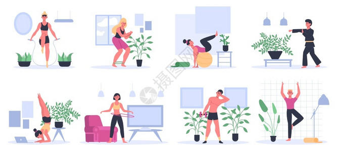拉伸运动男性在家健身锻炼操练瑜伽男子与哑铃一起锻炼运动女在家锻炼运动女在家锻炼活动矢量示意图健身锻炼和在家运动女在家锻炼活动插画