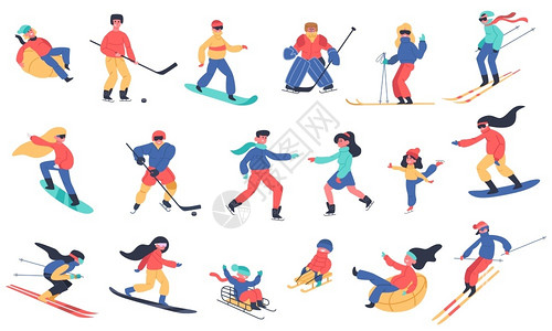 换活年轻冬季雪活动滑冰和溜家庭节冬季活动孤立的矢量说明图标冰和板极雪运动冬季活冰和滑插画