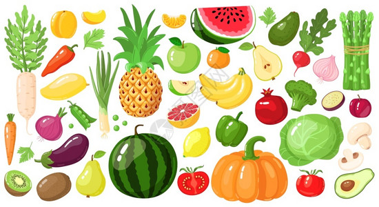 蔬菜新鲜甘蓝卡通水果和蔬菜维冈生活方式食品有机营养蔬菜和水果avocadoasparagus和芒果矢量插图西瓜和菠萝苹果香蕉kiwi水果插画