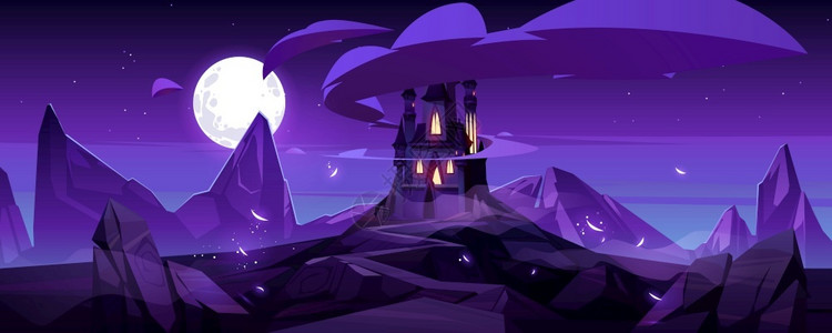 夜晚在山顶的魔法城堡童话宫殿在紫色天空下有塔和岩石路满月天空有云彩幻想堡垒中世纪建筑卡通矢量图夜晚在山神宫的魔法城堡夜晚在山神话背景图片