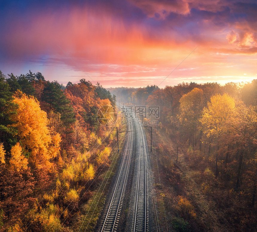黄昏的日出中秋林美丽的铁路空中景象与火车站的工业景观红云的蓝色天空橙叶的树木雾秋天铁路的顶端景色图片