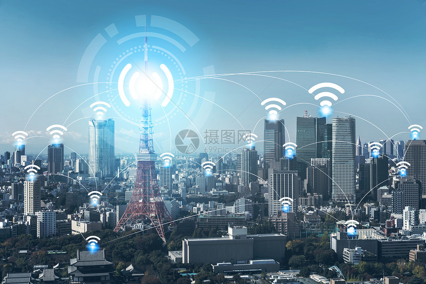 智能城市无线通信网络其图形显示事物互联网IOT和信息通讯技术ICT的概念与现代城市建筑的背景相对图片