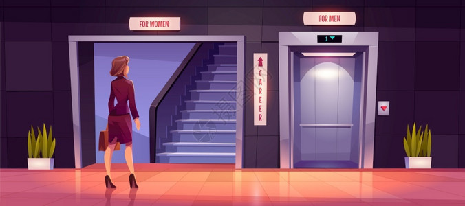 在电梯和楼梯中选择的商务女士卡通矢量插画图片素材