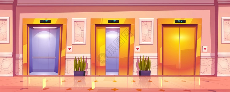 装有金色电梯门大理石墙和植物的豪华走廊内室带有金色电梯门大理石墙和植物的豪华走廊内背景图片
