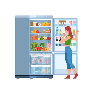 牛奶水果打开冰箱寻找食物的女人插画
