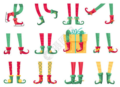 圣诞小精灵脚帮手穿着靴子和脱袜的可爱小精灵腿短和袜的可爱小精灵腿矮和礼品特马物明信片和卡通矢量集锦穿着靴子的可爱小精灵腿和脱袜子背景图片