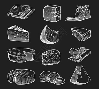 奶酪碎手绘奶酪纸板草图各种类的奶酪maasdam和goudamozzarella和pamesan新鲜的农场果奶制品美味的切片和碎食品雕插画
