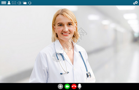 关于远程医疗和保健服务的视频电话医生发言计算机屏幕方面的网上保健应用医疗技术概念医院高清图片素材