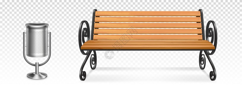 木长椅木制公园长椅和钢垃圾箱外木椅子配有伪造的圆形金属腿胳膊和垃圾容器的露天木制椅子现实的3D矢量城市户外家具在透明背景下被隔绝木制公插画