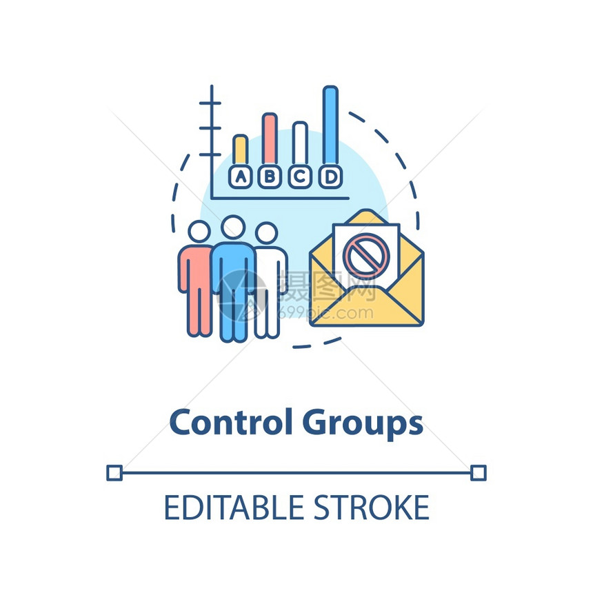 控制组概念图标衡量营销运动影响概念的细线插图数字营销战略分析矢量孤立大纲RGB彩色绘图可编辑中风图片