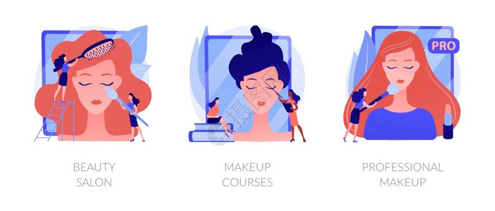 化妆工作室理发服务平面图标设置美容程序辅导沙龙化妆课程专业比喻矢量孤立概念比喻插图化容矢量概念隐喻插画