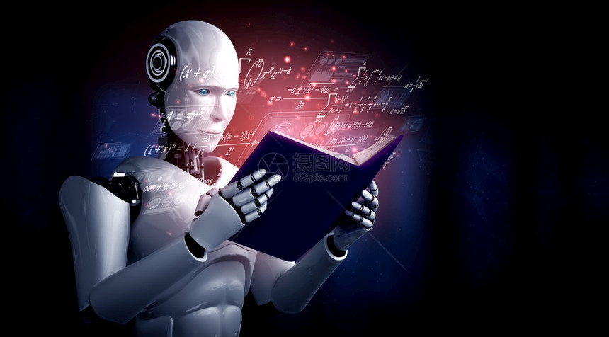 在未来的数学人工智能据挖掘和第四轮工业自动化革命的概念中3D说明机器人造体阅读书和解决数学据分析问题图片