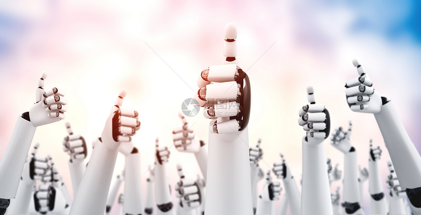 机器人手举起来庆祝通过使用人工智能思维和机器学习过程实现的目标成功第4次工业革命3D插图图片