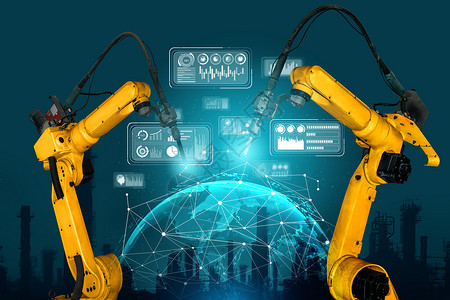 智能工业机器人武用于数字工厂生产技术显示工业40或第次工业革命的自动化制造过程和用于控制操作的IOT软件工程师高清图片素材