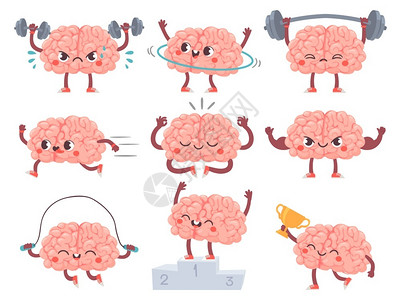 智商动漫脑体育活培训成绩iq比喻精神锻炼健身卡通矢量字符运动大脑特征锻炼和训练插图脑运动漫画体育活动心理锻炼插画