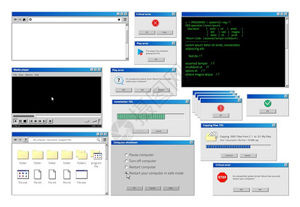 计算机窗口带弹出错误和警告窗口的Retro浏览器界面经典旧软件UIVictor插图网站和装入窗口集计算机窗口矢量网站和装入窗口集背景图片