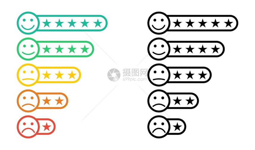 表情星级评分Emoji和星级评分回馈表情笑的评分比例代表各种情绪微笑的不同情绪矢量插图图片