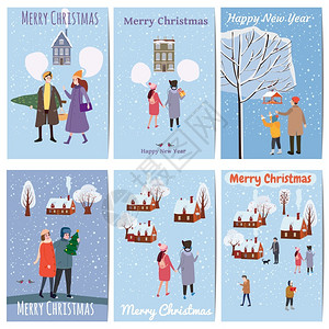 圣诞色圣诞快乐和新年有人物的卡片模板有冬季服装的男女圣诞快乐和新年有冬季服装的男女有趋势逆向漫画以图示孤立横幅模板插画