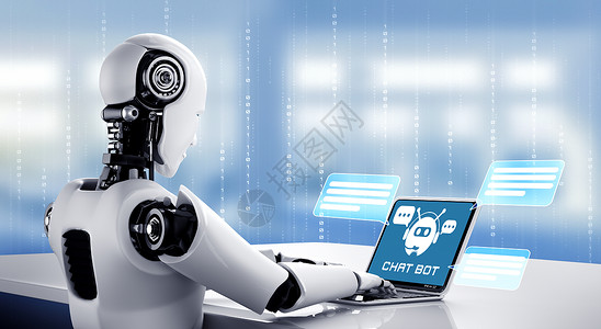 机器人电脑AI机器人使用计算与客户聊天在社交媒体和电子商务应用中提供帮助和智能信息的聊天机服务概念3D插图背景