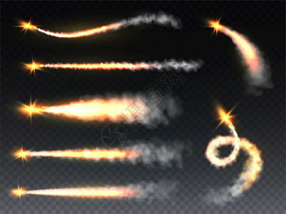 火箭烟雾用焰喷射器雾弹道喷射机火雾弹道喷射飞机等拖累烟雾导弹航天飞机或宇宙船在透明背景下孤立的坠落彗星或流蒸汽现实载体用火焰喷射背景图片