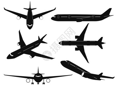 飞机侧面不同角度的客机飞顶部侧面和前视国际运输旅行商业航空飞机黑色矢量隔离装置飞机双影国际运输商业航空飞机矢量固定装置插画
