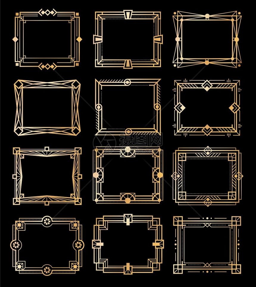 艺术德科金框奢侈品古老的矩形边框几何线图案1920年代的空样式元素抽象的变换装饰形状收集矢量孤立图案集黄金豪华古典边框几何线模式图片