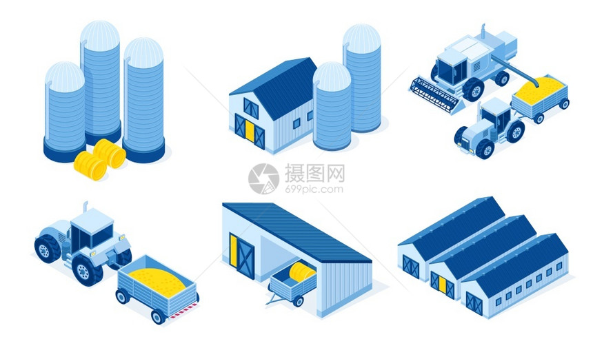 Iso几米仓库粮和拖拉机谷物和干草收割仓库工业机和农用车辆3D矢量示意图集Iso数仓库和农用机械图片