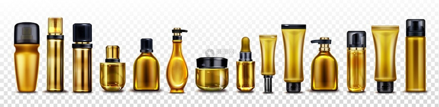 金色化妆品瓶奶油喷雾润滑剂和美容产品的瓶罐和管子用透明背景隔绝的黑帽白玻璃和塑料金包装盒的矢量现实模型金色化妆品瓶和管子的矢量模图片